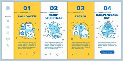 Seasonal holidays onboarding mobile web pages vector template. Responsive smartphone interface idea with linear illustrations. Halloween, independence day webpage walkthrough steps. Color concept