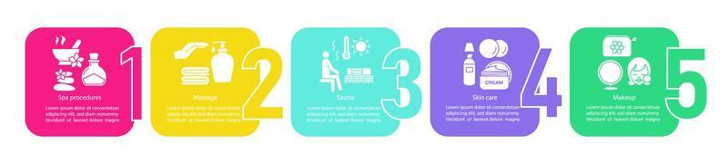 Plantilla de infografía de vector de industria de belleza. spa, masajes, sauna, cuidado de la piel, maquillaje. cuidado facial, corporal. visualización de datos con cinco pasos y opción. gráfico de la línea de tiempo del proceso. diseño de flujo de trabajo con iconos