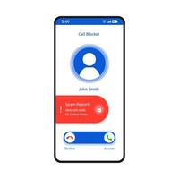 Call blocker smartphone interface vector template. Mobile app page white design layout. Unwanted incoming calls rejecting screen. Flat UI for application. Add to blacklist, spam. Phone display