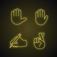 Hand gesture emojis neon light icons set. Stop, high five, luck, lie, superstition gesturing. Raised and writing hands, crossed fingers. Glowing signs. Vector isolated illustrations