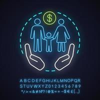 Social benefits neon light concept icon. Low income financial assistance idea. Family welfare. Social safety net. Glowing sign with alphabet, numbers and symbols. Vector isolated illustration