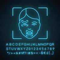 Face scanning procedure neon light icon. Facial recognition markers, points. Partial matching analysis. Glowing sign with alphabet, numbers and symbols. Vector isolated illustration