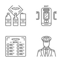 Aviation services linear icons set. Flight menu and drinks, pilot, jet safeness, emergency exit. Aircraft travel. Thin line contour symbols. Isolated vector outline illustrations. Editable stroke