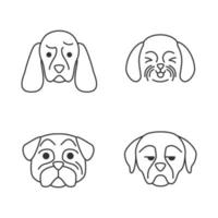 Dogs cute kawaii linear characters. Thin line icon set. Flushed pug. Laughing Shih Tzu. Unamused Rottweiler. Animals with sad muzzles. Vector isolated outline illustration. Editable stroke