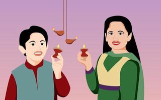 Two Kids celebrating Diwali, Happy Diwali vector illustration.