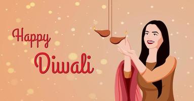 Indian Girl lighting Diya - oil Lamp with matchstick Diwali Illustration, vector