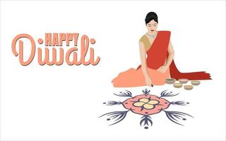 Indian women making rangoli  for diwali celebration, Happy Diwali Vector illustration for social media.