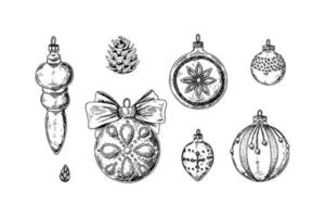 Set of hand drawn Christmas decorations. Christmas tree vintage toys. Vector illustration in sketch style.
