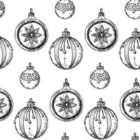 Christmas seamless pattern with hand drawn Christmas tree toys. Vector illustration in sketch style