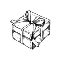 Hand drawn luxury gift box with a bow. Vector illustration in a sketch style isolated on white background