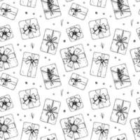 Christmas seamless pattern with hand drawn top view gift boxes with beautiful bows. Vector illustration in vintage sketch style