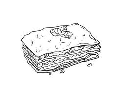 A piece of lasagna drawn with a black outline. icon, doodle vector