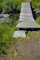 pequeño puente de madera y sendero sobre el río, n hemsedal, noruega.