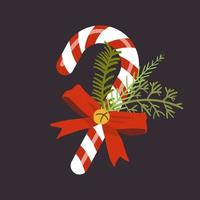 Christmas candy cane with red bow and fir branches. New Year's decorative element. Vector illustration