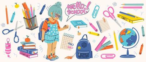 Big set of school supplies. Hello school lettering. Little cute girl is going to study. Children's subjects for study. Vector illustration in a flat style on a white background