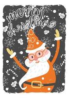 Christmas greeting card with santa claus. Funny colored card in cartoon style. Hand drawn vector illustration on black background