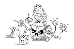 Mystical composition with owl and skull. Vector hand drawn doodle illustration