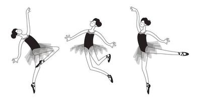 Seth dancing ballerina in a ballet tutu in different poses. Black and white outline vector illustration in cartoon doodle style