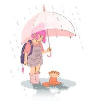 niña linda con un gato bajo un paraguas bajo la lluvia. ilustración vectorial aislada vector