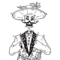 Smiling skeleton. Day of the dead or dia de los muertos. Hand drawn doodle line art illustration vector