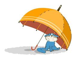 A cute poor blue cat sits under a yellow umbrella. Isolated flat vector illustration on white background in cartoon style