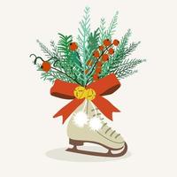 elemento de decoración navideña de patines de invierno con lazo rojo, campanas y ramas de abeto. tarjeta de felicitación de navidad. mano dibujar ilustración vectorial vector