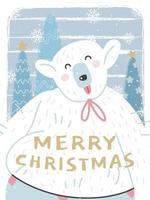 Christmas greeting card with cute smiling polar bear. Vector hand drawn illustration in cartoon style