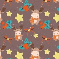 Christmas colored seamless pattern with funny deer. Hand drawn vector illustration in cartoon style