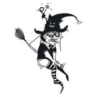 Ugly scary witch on a broomstick outline. Black and white hand drawn doodle illustration vector