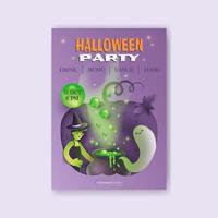 Halloween flyer template. Party invitation on purple background with witch, ghost and pumpkins. Vector illustration