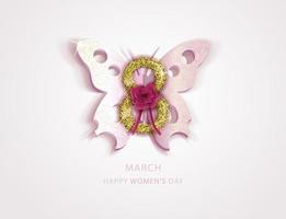 feliz día de la mujer. mariposa y forma número ocho oro brillo. ilustración vectorial para tarjetas de felicitación, postales, volantes, diseño de banner. delicados colores pastel. todos los objetos están aislados vector