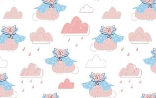 Seamless pattern with a cat in the rain. Hand draw doodle illustration vector