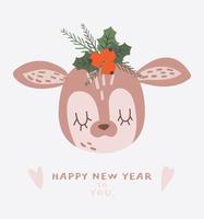 Face of cute deer with a Christmas wreath. Hand drawn illustration on white background vector