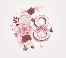 tarjeta de felicitación, banner del día internacional de la mujer 8 de marzo con decoración floral y número ocho. ilustración vectorial en colores rosados. todos los objetos están aislados vector