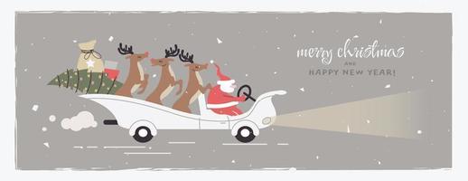 Merry christmas funny card with santa claus sleigh and reindeer. Greeting horizontal postcard in flat design. Vector hand drawn illustration