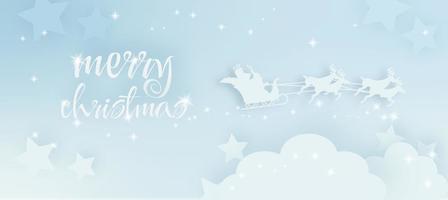 Christmas magic blue background with santa claus, reindeer and sleigh in paper cut kraft style vector