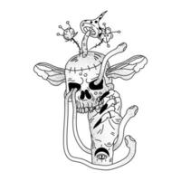 Woman's hand holds a skull with wings. Mystical illustration for tattoo design. Outline vector