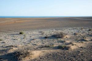 Arid landscape with dry soil at Lanzarote, Canary islands, spain. Ocean in the distance.