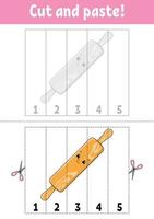 Learning numbers 1-5. Cut and glue. Cartoon character. Education developing worksheet. Game for kids. Activity page. Color isolated vector illustration.