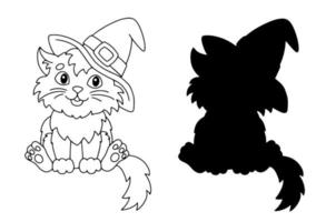el gato en el sombrero. tema de halloween. página de libro para colorear para niños. estilo de dibujos animados. ilustración vectorial aislado sobre fondo blanco. vector