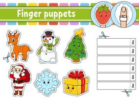 Finger puppets. Activity Game for kids. Cute characters. Cartoon style. Christmas theme. Color vector illustration.