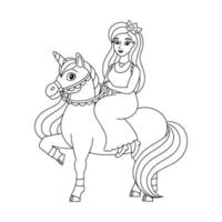 The princess is riding a unicorn. Coloring book page for kids. Cartoon style character. Vector illustration isolated on white background.