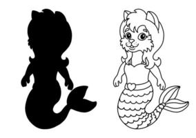 Cute little mermaid cat. Coloring book page for kids. Cartoon style. Vector illustration isolated on white background.