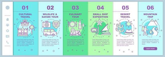 Travel experiences onboarding mobile web pages vector template