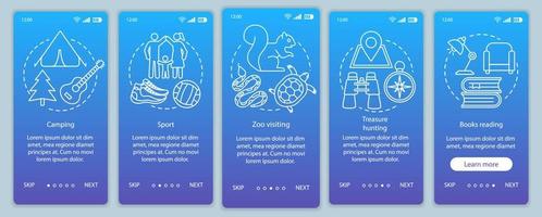 Family time together onboarding mobile app page screen vector template. Sport and camping. Zoo visiting. Walkthrough website steps with linear illustrations. UX, UI, GUI smartphone interface concept