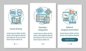 Elementos clave del programa de referencia incorporación de la plantilla de vector de pantalla de página de aplicación móvil. captación de clientes, campaña de retención. pasos del sitio web con ilustraciones lineales. concepto de interfaz de teléfono inteligente ux, ui, gui