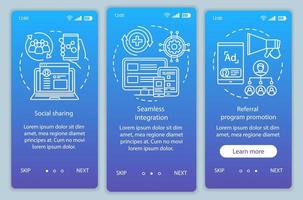 Referral program key items onboarding mobile app page screen with linear concepts. Three walkthrough steps graphic instructions. Customer attraction. UX, UI, GUI vector template with illustrations