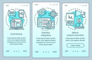 Elementos clave del programa de referencia que incorporan la pantalla de la página de la aplicación móvil con conceptos lineales. instrucciones gráficas de tres pasos paso a paso. atracción de clientes. ux, ui, plantilla de vector de interfaz gráfica de usuario con ilustraciones