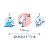 Challenge idea thin line illustration. Ambition, motivation. Climbing business ladder, mountain peak, stairs vector isolated outline drawing. winning flag. Editable stroke