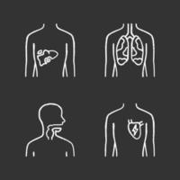 Ill human organs chalk icons set. Sore liver and lungs. Aching throat. Unhealthy heart. Sick internal body parts. Isolated vector chalkboard illustrations